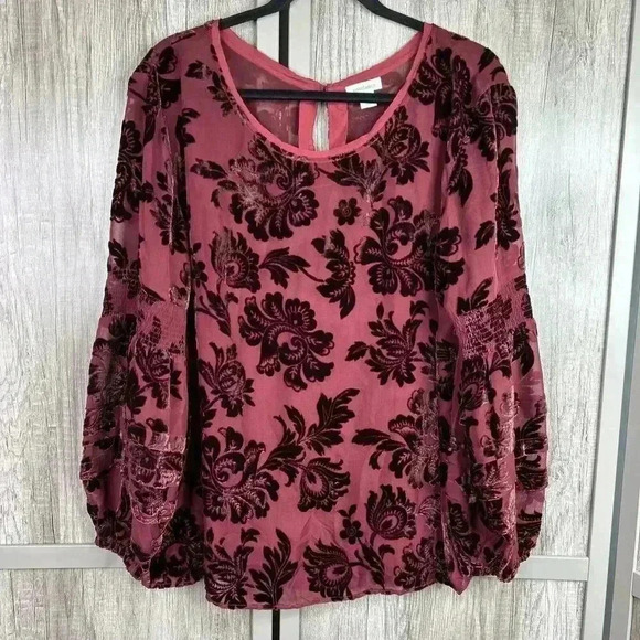 Sundance L Burnt Velvet Top Red Balloon Sleeve Red Color Silk Blend Large - Picture 1 of 9